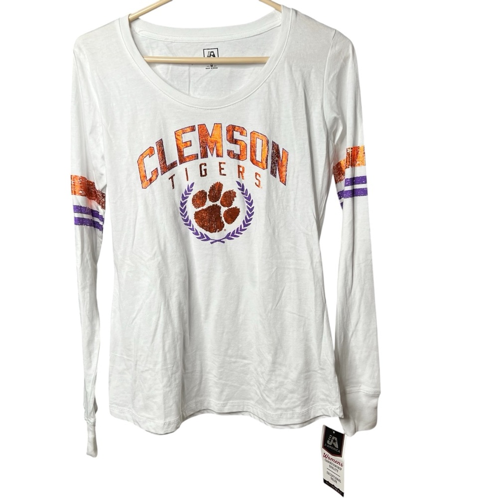 J. America T-Shirt Top Women's Medium Clemson Tigers Logo Long Sleeve‎ White NWT